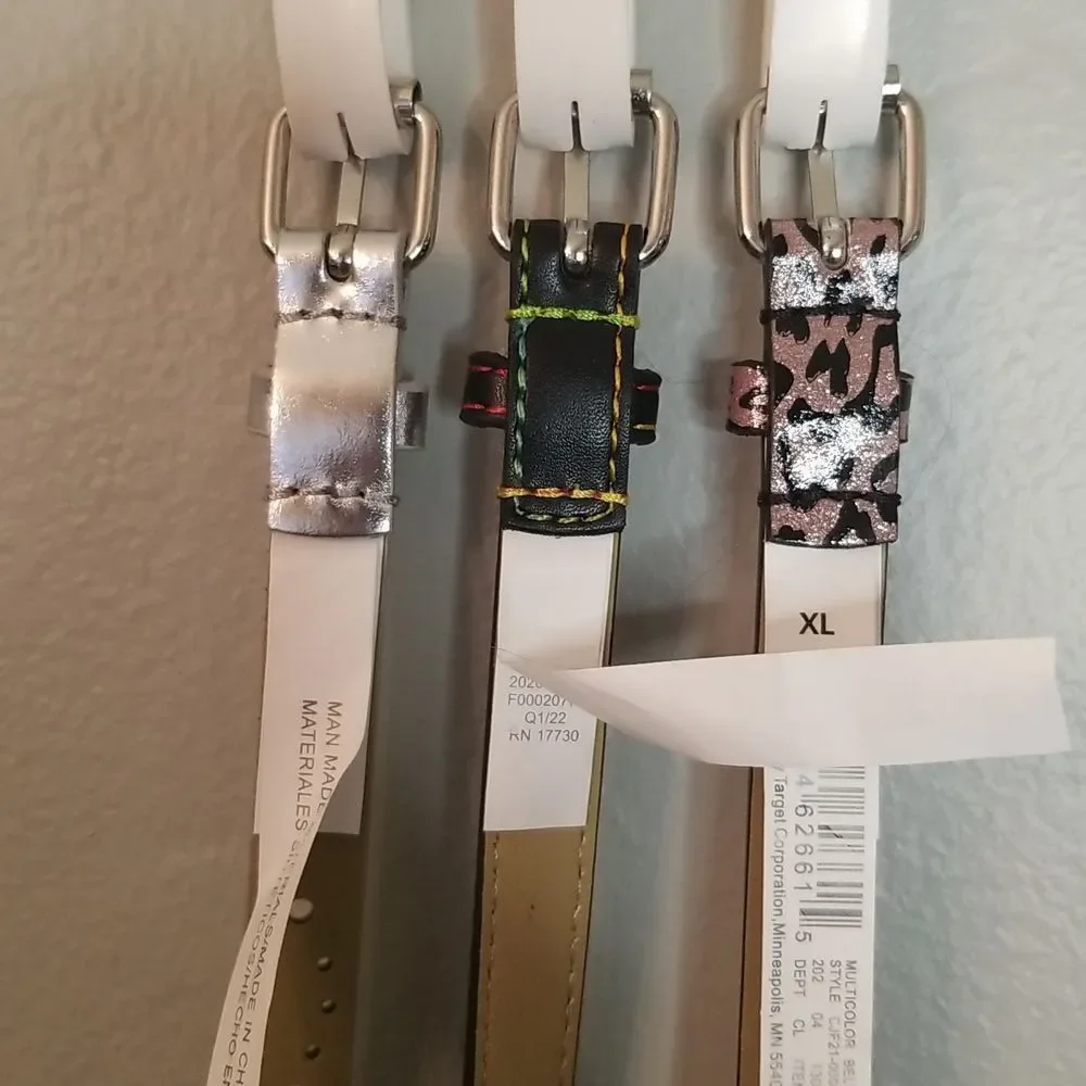 Girls 3 Belt Set Pink Leopard, Black multicolor stitch, & Metallic Silver NWT XL